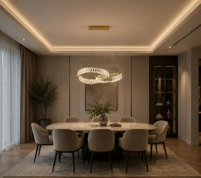 Interlocking Crystal Ring LED Pendant Light 2×19W Tri-Colour Gold — WH 2606-GO-TC