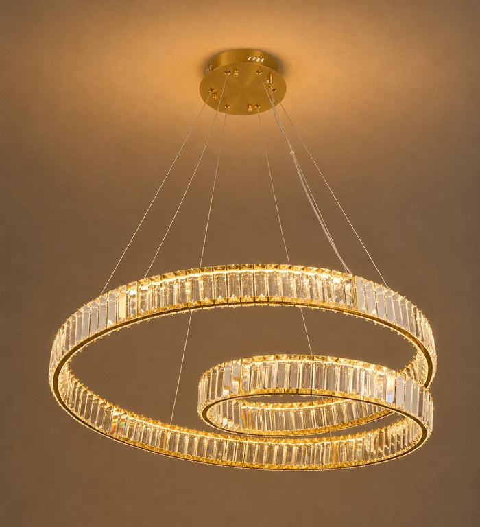 Luxury Double Ring Crystal Pendant Light 32W Tri-Colour Gold — WH 2602-GO-TC