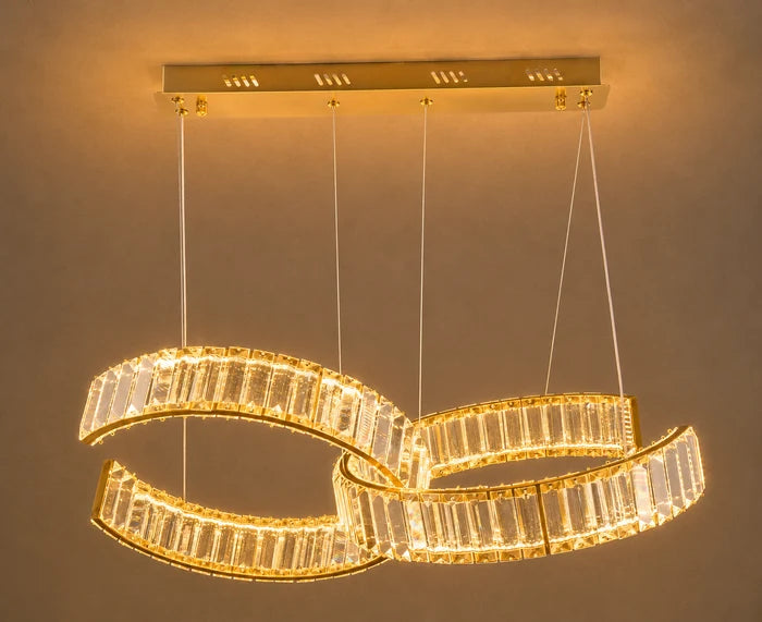 Interlocking Crystal Ring LED Pendant Light 2×19W Tri-Colour Gold — WH 2606-GO-TC