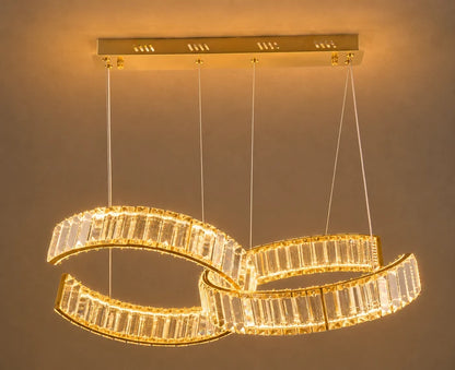 Interlocking Crystal Ring LED Pendant Light 2×19W Tri-Colour Gold — WH 2606-GO-TC