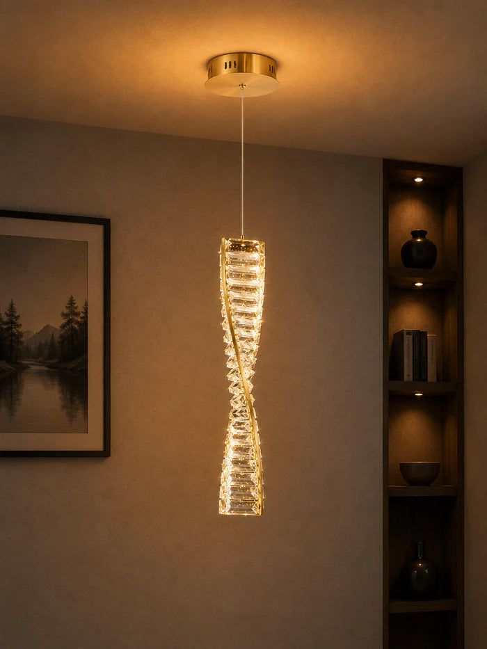 Twisted Crystal Pendant Light LED 20W Tri-Colour Gold — WH 2614-GO-TC