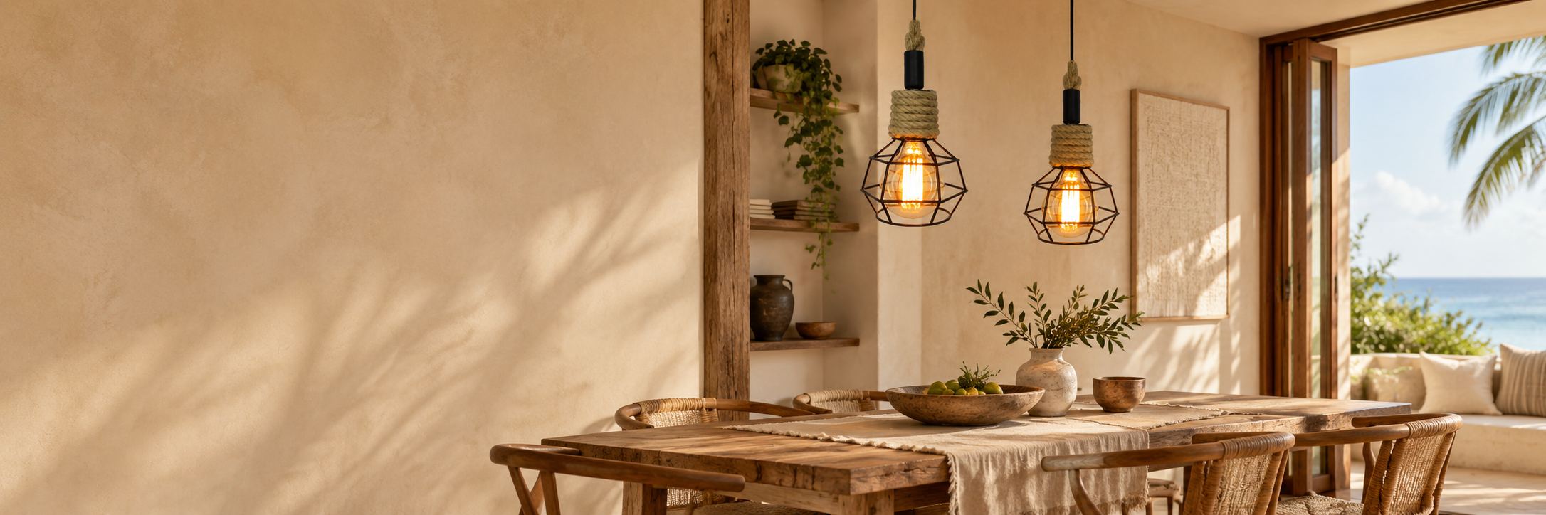 Illustration of pendant lighting in a coastal interior